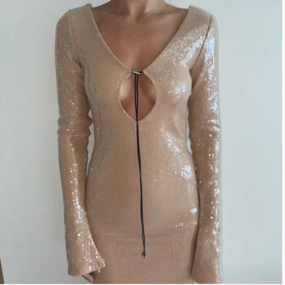 Mew Mews Eirlys Long Sleeve Sequin Mini Dress In Apricot- Medium- Tags